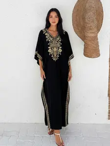 Edolynsa Embroidered Kaftan Robe, Maxi Loose Fit Casual Loungewear, Comfortable Home Wear, Stylish Plain Design, Modesty