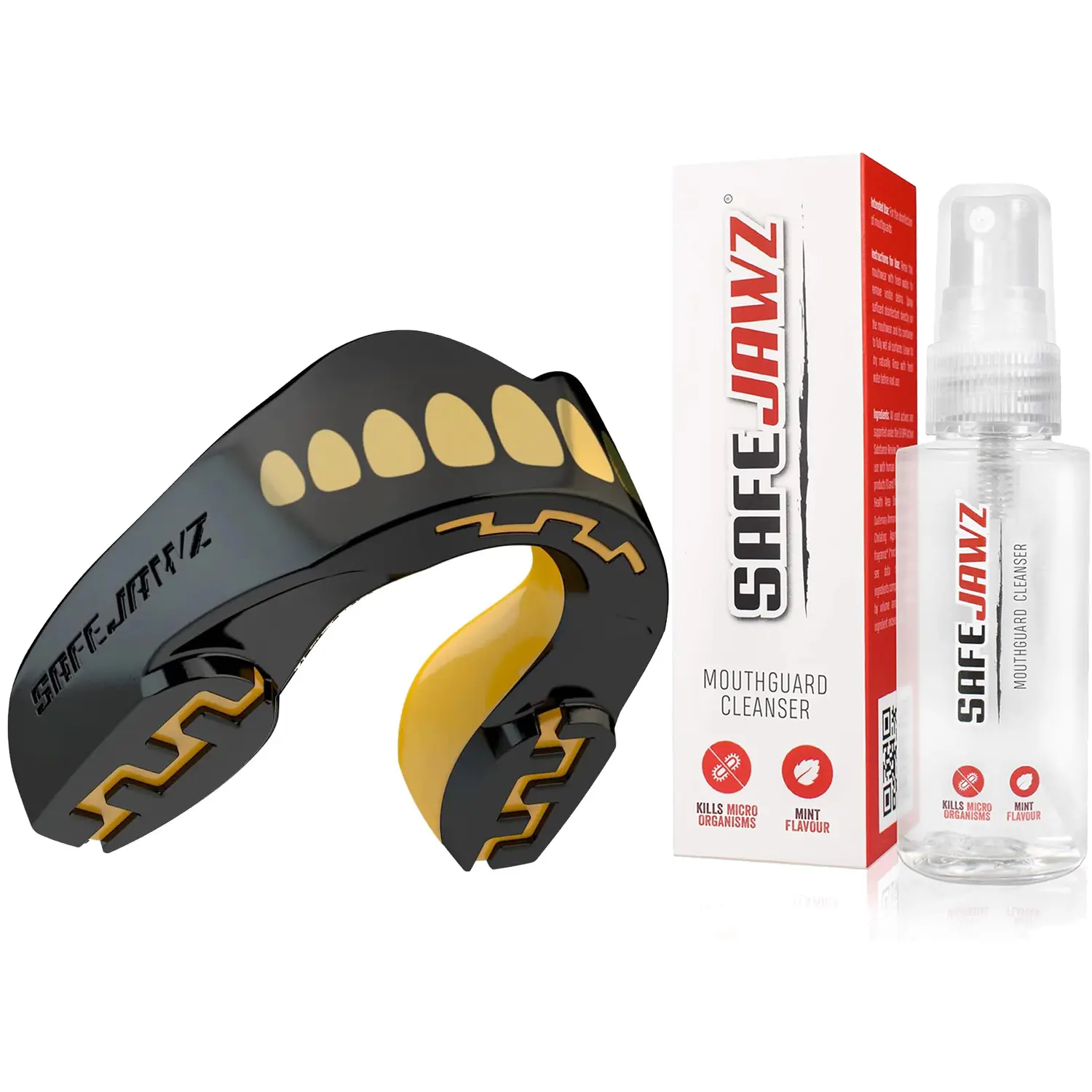 SafeJawz EXTRO Dual Layer Sports Mouth Guard with Case and Disinfectant Spray Bundle for Basketball, Football, MMA, Hockey, Wrestling - Adult - Goldie