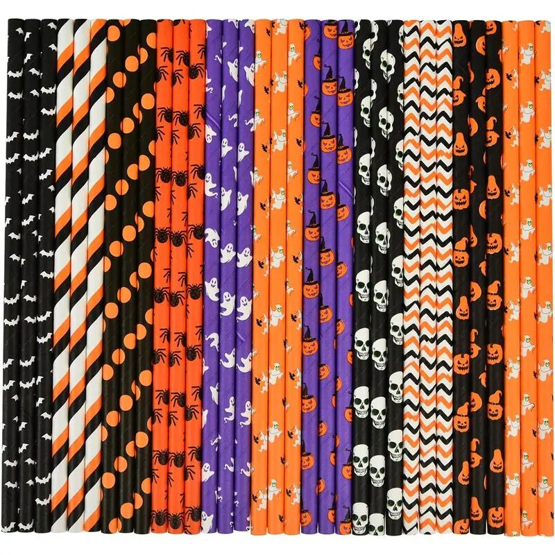 100 Counts Halloween Paper Straws, 10 Styles Black White Orange Purple Biodegradable Party Drinking Straws with Stripe, Wave, Dots, Skull Head, Ghost, Bats, Pumpkin, Spider Design