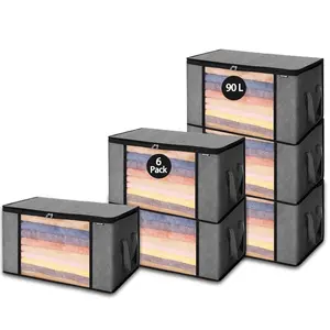 Non-Woven Fabric Clothing Storage Containers - 6-Pack 90L Foldable Bins with Handles, Closet Organizers for Blankets, Comforters (Grey)
