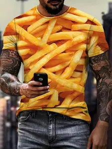 Men'S Graphic French Fries Print T-Shirt - Vibrant Yellow & Orange Design, Casual Crew Neck, Short Sleeve, Lightweight Polyester Blend, Perfect for Summer Outfits, Casual Summer Wear| Playful Graphic Tee| Comfortable Fit, Plus Size