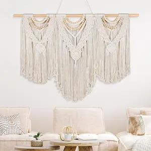 Newwiee 43" x 32" Large Macrame Wall Hanging with Rod Boho Decor Woven Tapestry Wall Art Bohemian Decor Tassel Macrame Curtains for Home Living Room Wedding Apartment Decoration (Classic Style)