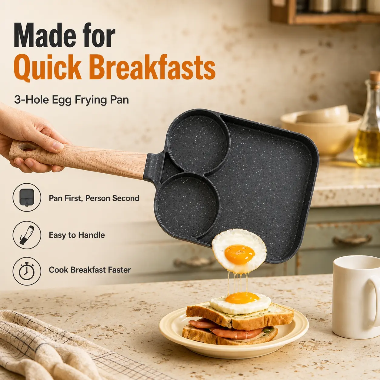 3-in-1 Divided Breakfast Pan, Teflon Nonstick Egg Fryer Pan with Rear-Mount Detachable Handle, 2 Egg Wells + Grill Section for Eggs, Omelets, Pancakes, Sausage, Bacon, Steak, Vegetables, Easy Clean, Meal Prep, Gas & Induction Cooktops, Aluminum Cookware