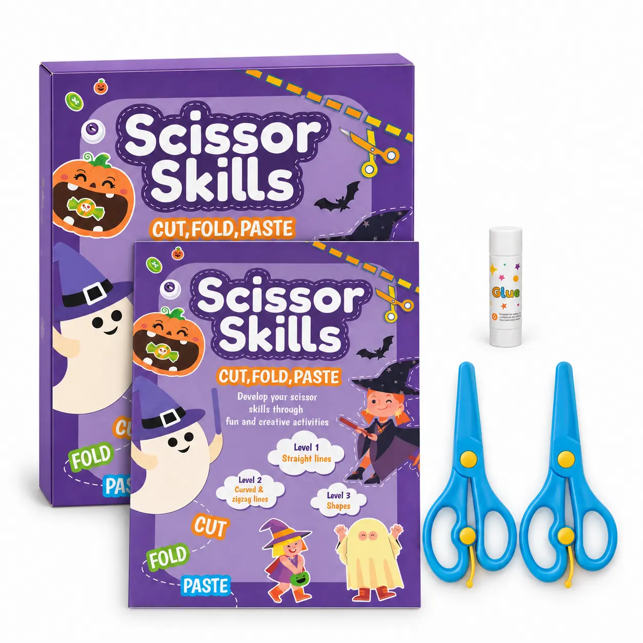 Halloween Paper Scissor Skills Activity Kit for Kids Ages 3+, Cool Gifts for Kids, 25 Cutting-Folding-Gluing Activities, 3 Skill Levels, Instruction Book, 2 Round-Tip Scissors, Glue Stick for Creativity Boosting