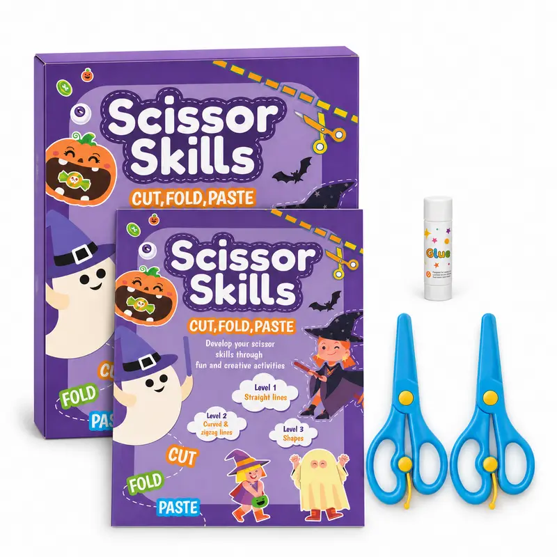 Halloween Paper Scissor Skills Activity Kit for Kids Ages 3+, Cool Gifts for Kids, 25 Cutting-Folding-Gluing Activities, 3 Skill Levels, Instruction Book, 2 Round-Tip Scissors, Glue Stick for Creativity Boosting