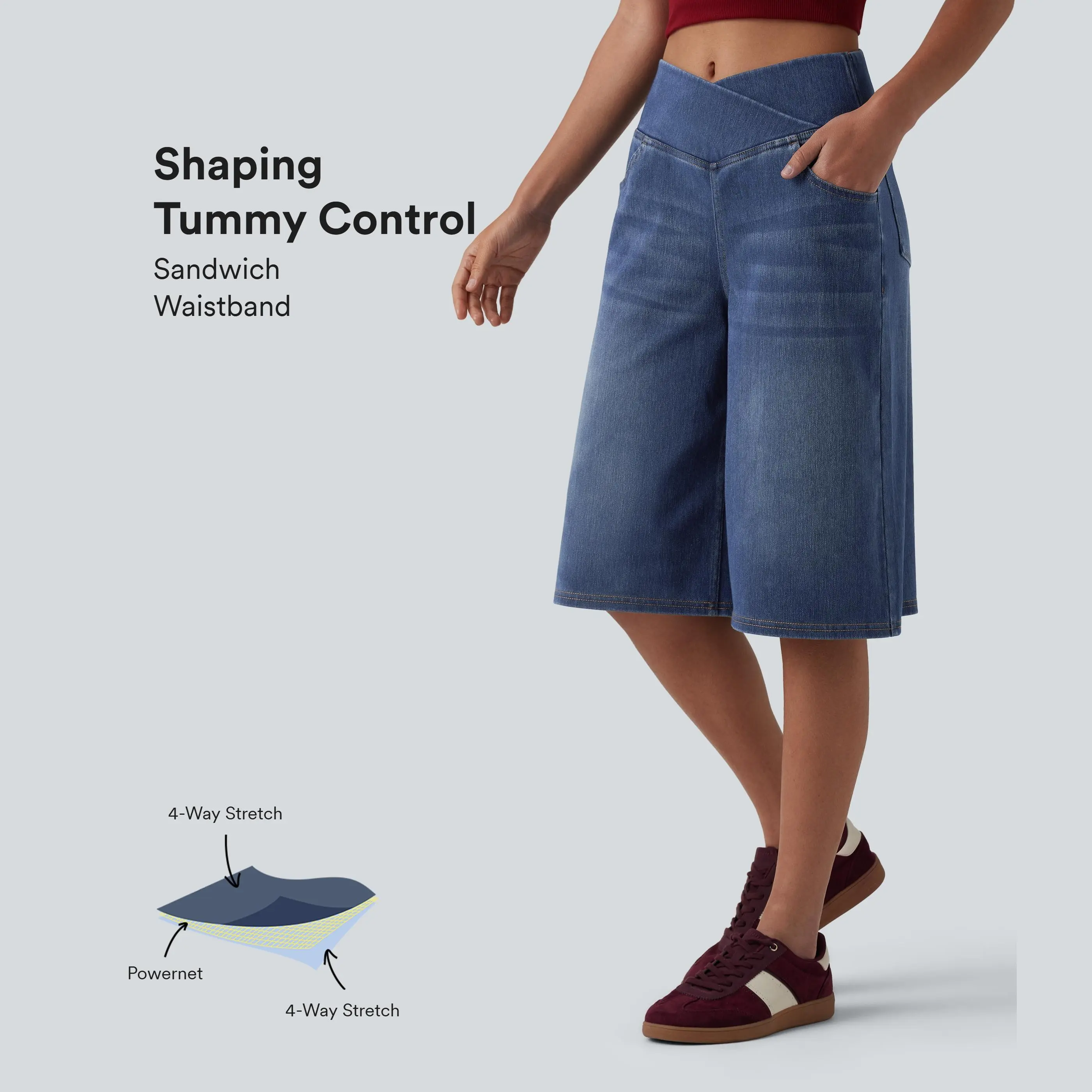 Halara Flex™ Crossover High Waisted Tummy Control Denim Casual Baggy Shorts with Pockets