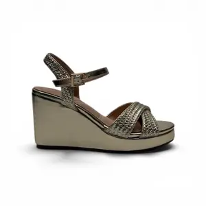 Keilani Wedge Sandals Gold Metallic Adjustable Strap Buckle Closure Woven Detailing Open Rounded Toe 4 Inch Heel Comfortable Walking Shoes