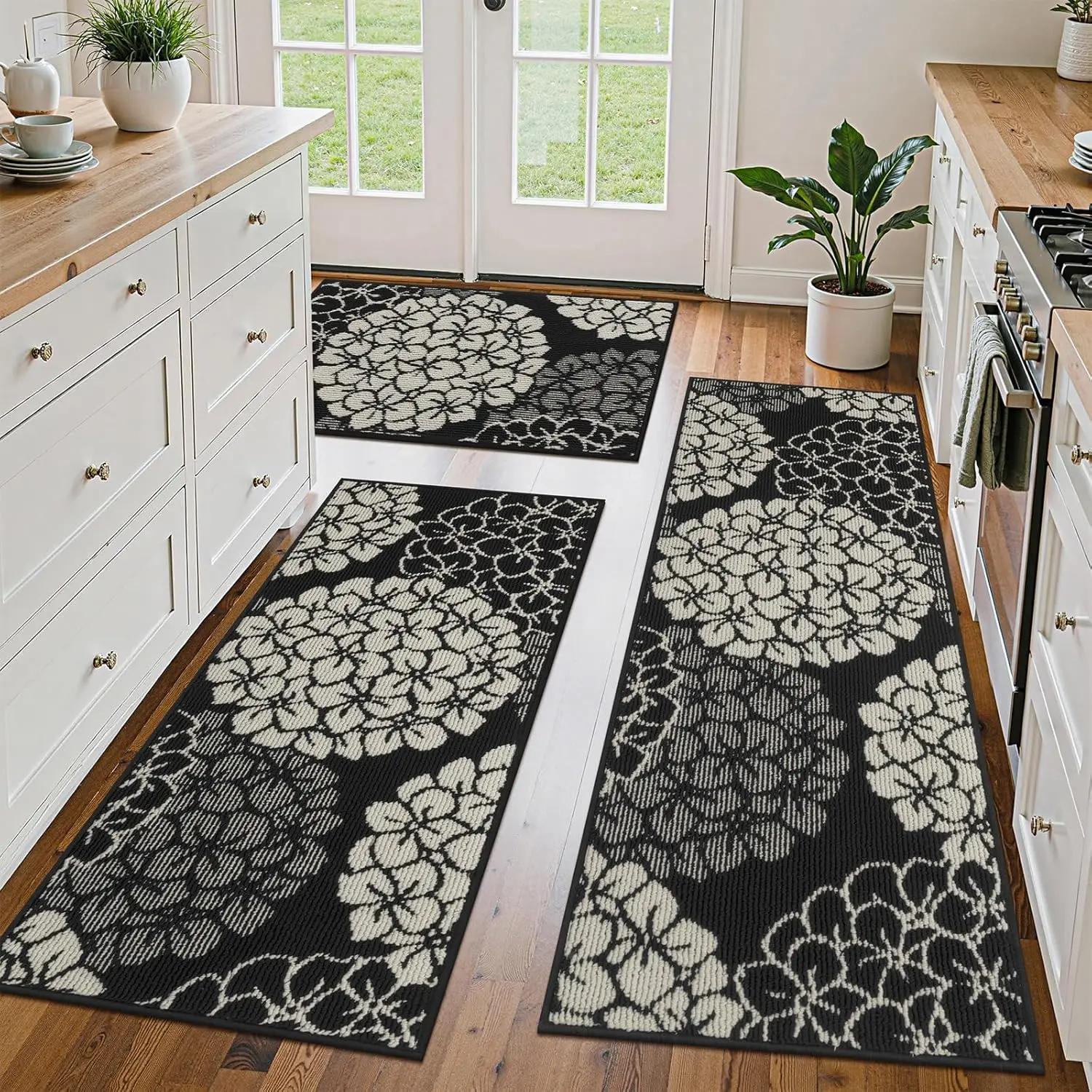 [Summer Sale Deals] HEBE Washable Floral Kitchen Rug Sets of 3, Non Slip Kitchen Mats for Floor, Soft Machine Washable Kitchen Rug Runner, Farmhouse Kitchen Floor Carpet for Kitchen, Laundry summerwins