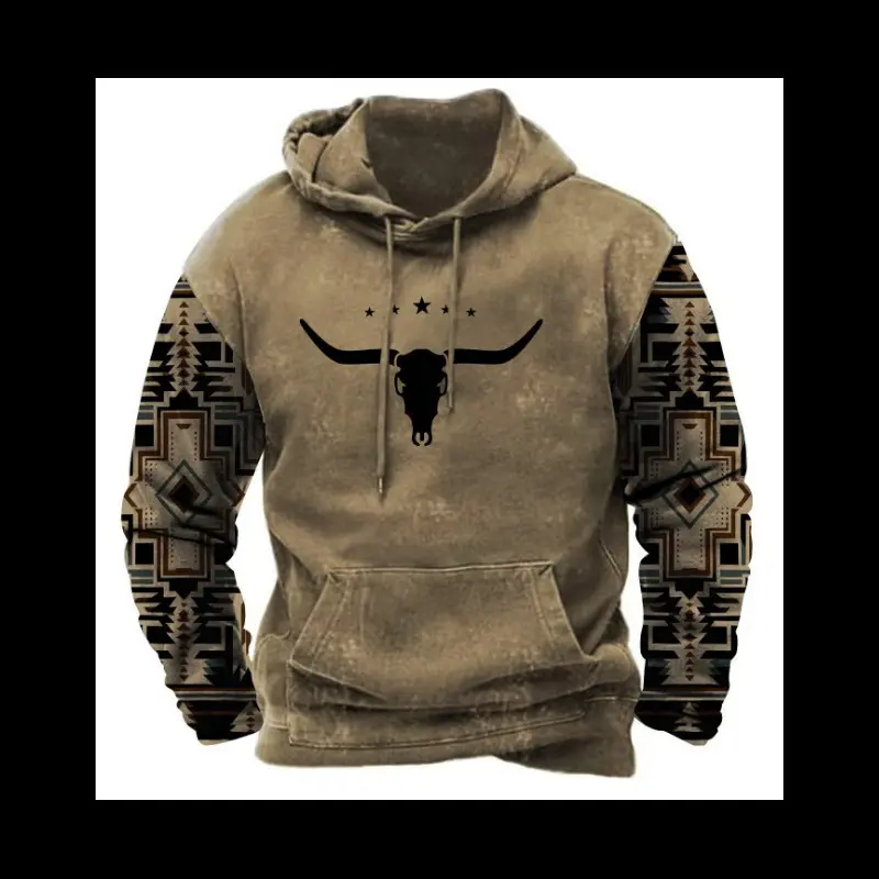 Mens Casual Western Aztec Hoodies Sweatshirt - Loose-Fitting Design with Drawstring Closure - Clothing, Menswear Collared Day Cotton Long Sleeves Mens Casual Western Aztec Hoodies Sweatshirt - Loose-Fitting Design with Drawstring Closure - Clothing, Menswear Collared Day Cotton Long Sleeves