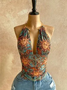 Women's Fashion Summer Colorful Sun Print Metal Ring Halter V Neck Backless Sexy Tank Top, Stylish and Trendy Design for Warm Weather