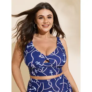 BLOOMCHIC Plus Size Nautical Anchor Print Keyhole Knot Front Bikini Top [M-6X]2026 Summer Vibes