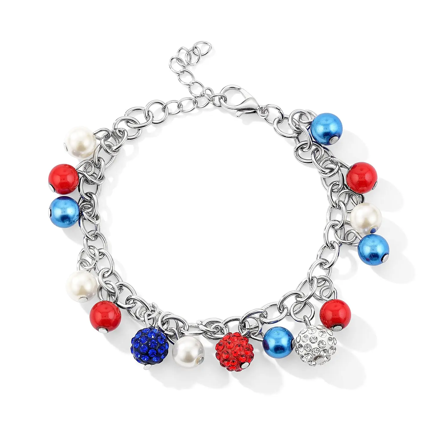 250th Anniversary Celebrations Multi Color Austrian Crystal, Multi Pearl Glass Bracelet in Silvertone (7.5-9.5In)