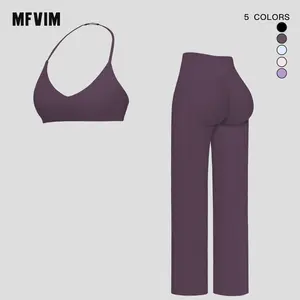 MFVIM Sporty Two-Piece Set Women's Plain Crop Cami Top & Flare Leg Pants Sports Set 78% Nylon 22% Spandex Comfy Breathable for Yoga Gym Workout Running