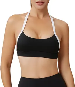 Women’s Color Block Halter Sports Bra–Built in Pads Low Impact Workout Open Back Fitness Athletic Crop Tops