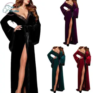 Virella Velvet Robes for Women Long Sleeve Belted Lace Trim Bathrobe Soft Loungewear Ladies Sleepwear S-L Size Polyester Pajamas Basic Minimalist Red Light Womenswear