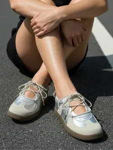 Women's Silver Color Ballet Flats, Classic Casual Lace-Up Low Top Mary Jane Shoes, Spring & Fall Patchwork Round Toe Flat Shoes