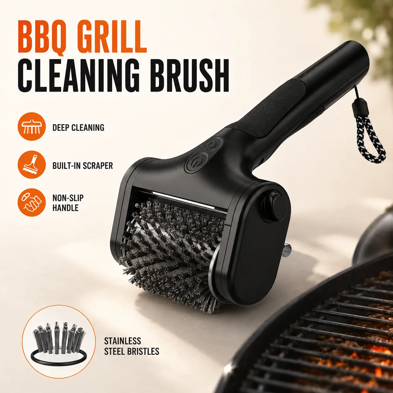 Cordless Electric BBQ Brush – Powerful 350 RPM motor cleans in seconds, built-in LED light, superior BBQ cleaning accessory, won't damage surfaces, suitable for any BBQ grill, the ideal gift for BBQ lovers.