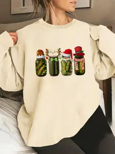 Women's Pickle Jar & Santa Hat Print Drop Shoulder Sweatshirt, Casual Long Sleeve Round Neck Pullover for Daily Wear, Ladies Fall & Winter Clothes
