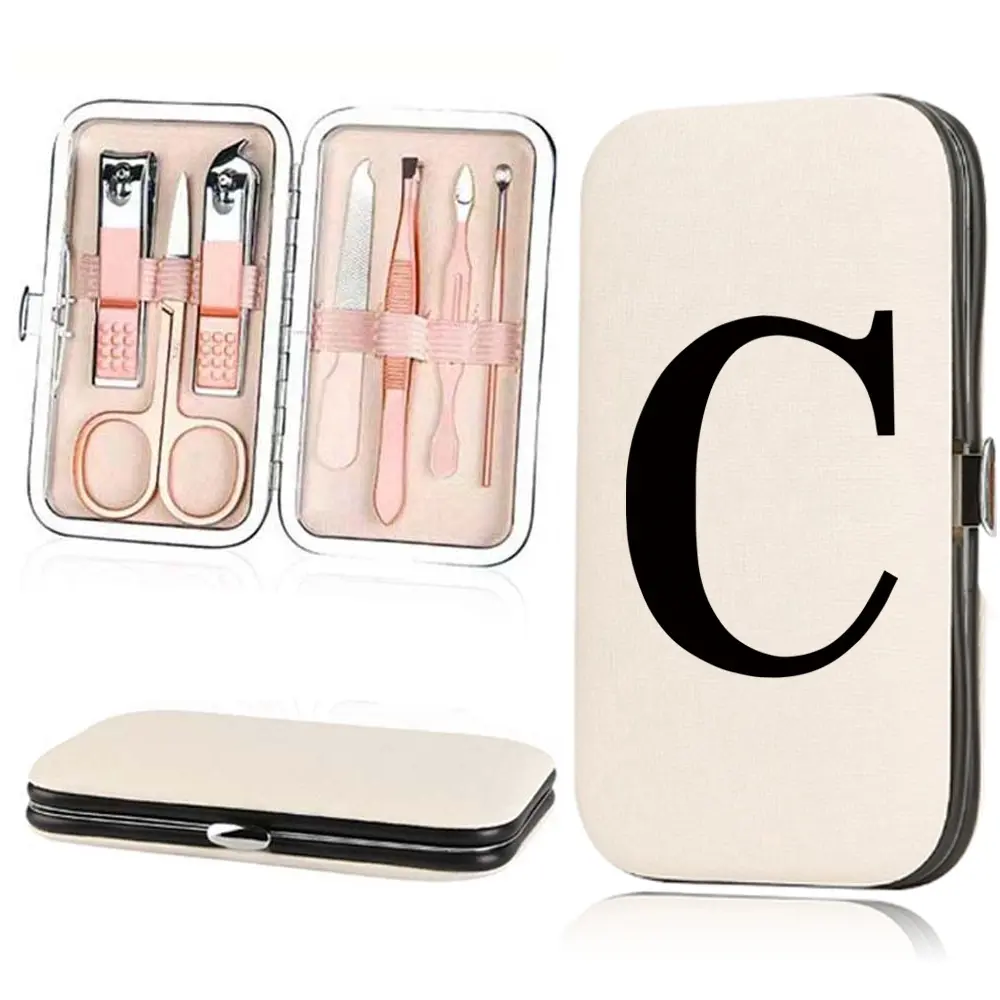 7pcs Nail Clippers Set with Portable Organizer, Portable Pocket Nail Clipper Set Personal Beauty Tool Household Pedicure Manicure Tool, Halloween Christmas Gifts Travel Accessories Initial Name Black 26 Letters Pattern, Nail File Kit Nail Care