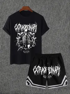 Two Counts Men's Graphic Drawstring Waist Design Two-piece Set, Casual Streetwear Regular Fit Short Sleeve Round Neck T-shirt & Pocket Shorts, Summer Outfits, Men's Clothes for Daily Wear, Clothing