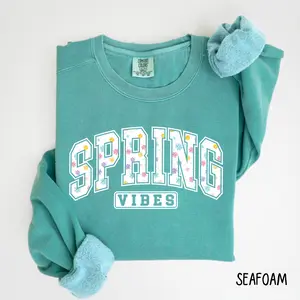 Comfort Colors Spring Vibes Sweatshirt, Floral Varsity Spring Sweatshirt, Tshirt Design for Easter, Preppy Spring Graphic, Spring Flower Gift For Women, Cotton Fabric