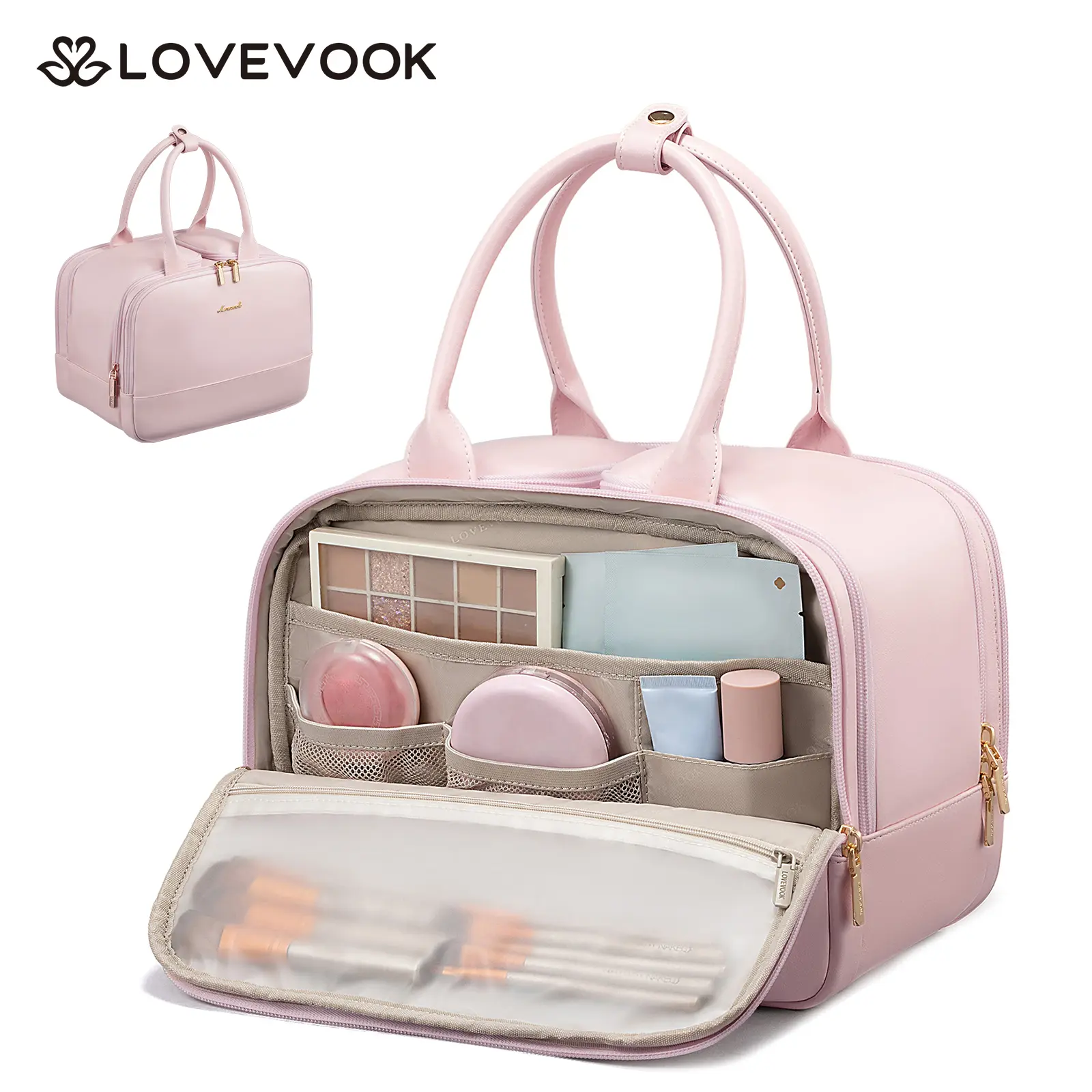 LOVEVOOK Travel Toiletry Bag for women, Leather Large Wide-open Makeup Bag, Waterproof Cosmetic Bag Organizer for Shower, Traveling, Toiletries, Bathroom