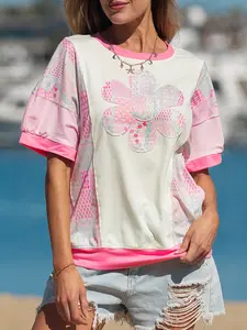 Color Block Floral Patchwork Big Flower Accent Relaxed Top,       A Cheerful Top That Embodies Playful Charm With its Colorful Floral Design, 32%Cotton.