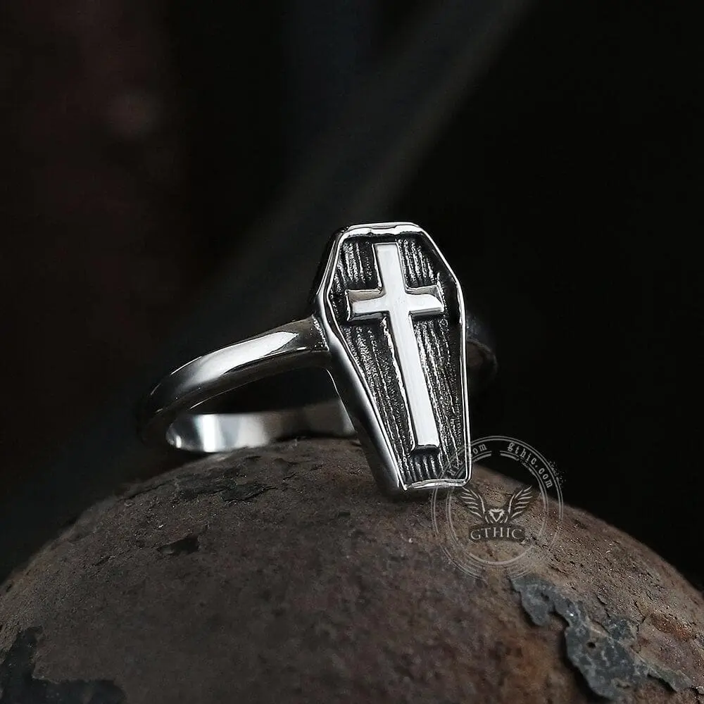 GTHIC Premium Quality Unisex Gothic Band Ring, Stainless Steel Cross & Coffin Design, Lightweight Construction Ring for Adults, Cross And Coffin Design