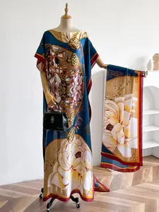 Elegant Floral Print Long Robe and Headscarf Set, Boho Style Beach Cover-Up with Sun Protection, Women's Lightweight Satin Scarf, Swimsuit Cover Up