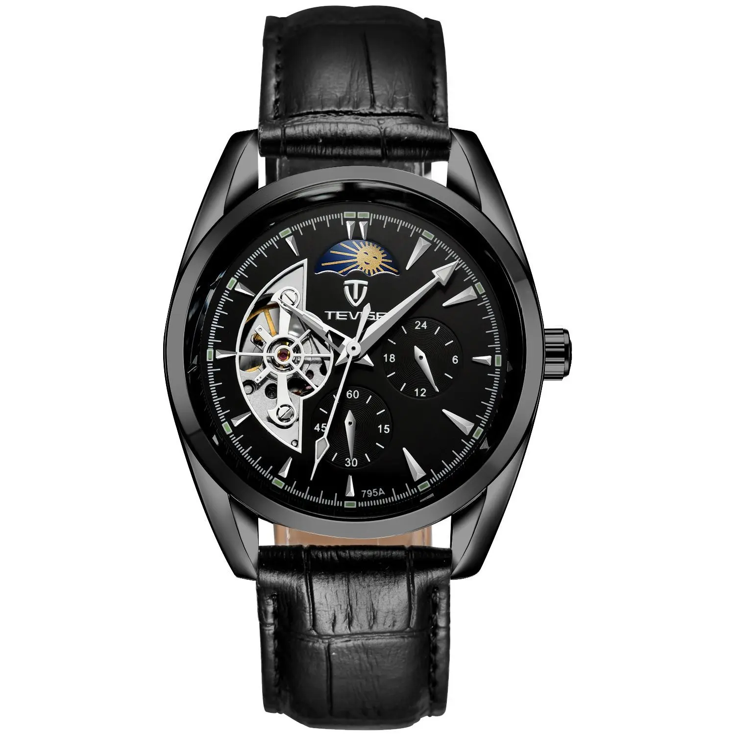 TEVISE Men's Round Face Skeleton Mechanical Watch - Moon Phase, Dermal Leather Strap, Waterproof Business Watch