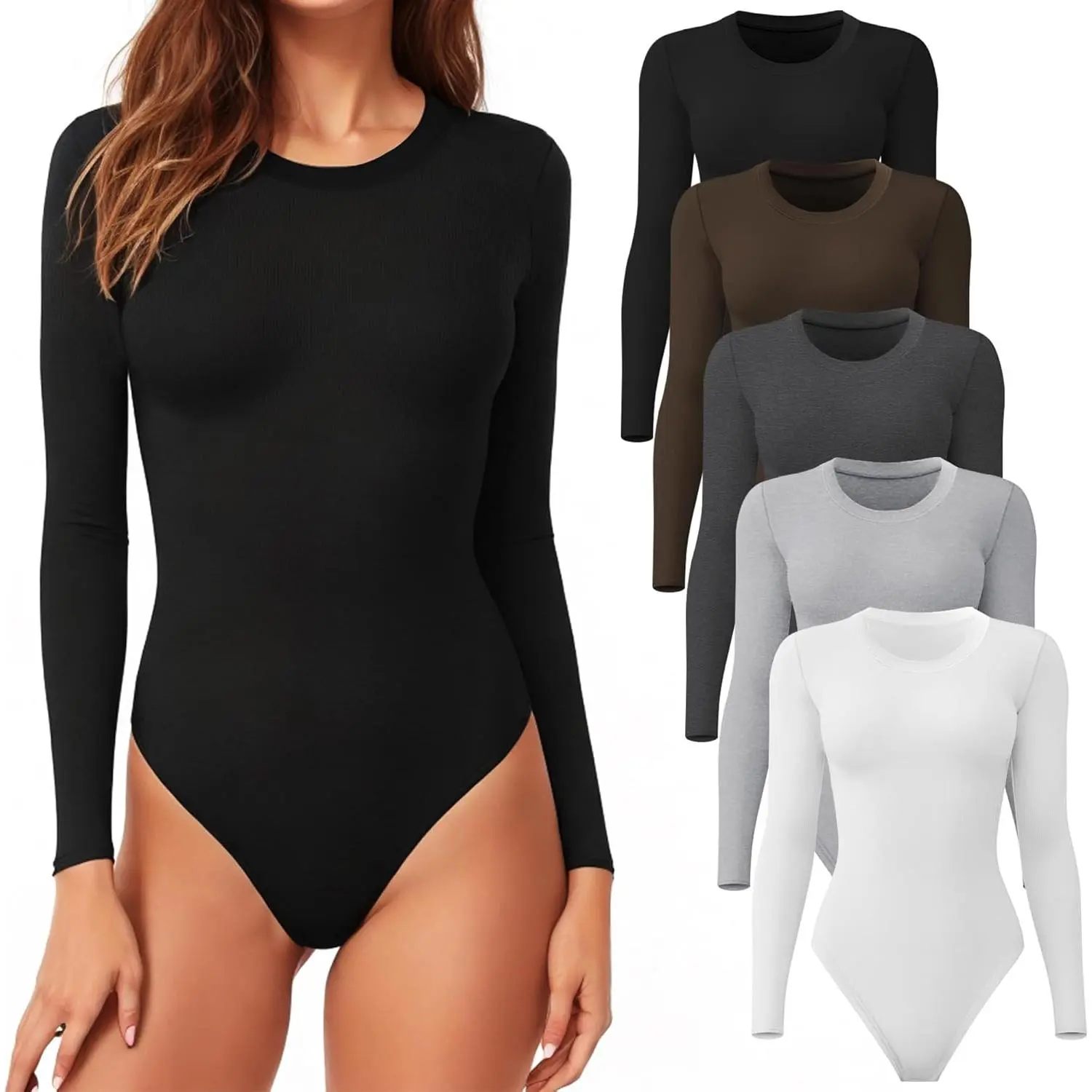 Women's 5-Pack Ribbed Snap Bodysuits - Long Sleeve, Round Neck, Stretchy Soft Breathable Fabric, Slim-Fit Style Clothes, Body Fitted Casual Everyday Tops, Bodysuit for Women