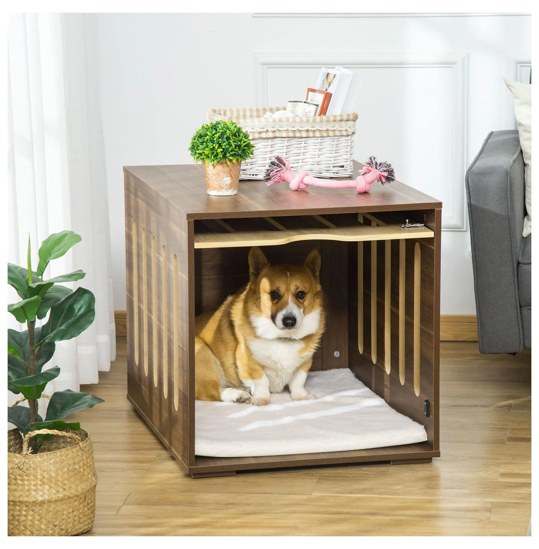 Dog Crate End Table, Furniture Style Dog Bed with Cushion & Door, Indoor Kennel for Small Medium Dogs, Brown