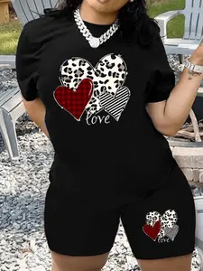 Women's Leopard Heart Print Short Sleeve Tee & Skinny Shorts Two-Piece Set, Casual Round Neck T-shirt & Shorts for Daily Wear, Ladies Two-piece for All Seasons, Clothes