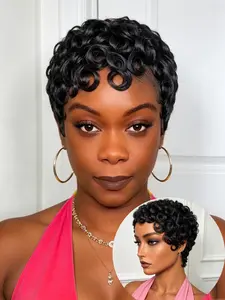 Chic Short Curly Pixie Cut Wigs Human Hair Wig With Bangs For Women Natural Black Human Hair Bob Natural Looking Wig