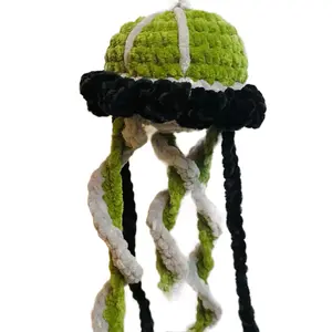 Handmade Crochet Jellyfish Hat with Green Body Black and White Tentacles Unique Ocean Inspired Design