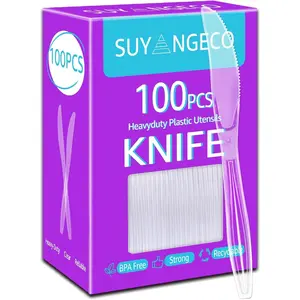 [100 Count] Clear Plastic Knives Heavy Duty, Disposable Steak Knives Plastic Silverware Bulk Washable Cutlery Set Serving Utensils Tableware for Party Supplies,Daily Use,Picnic,Camping,Wedding,BBQ