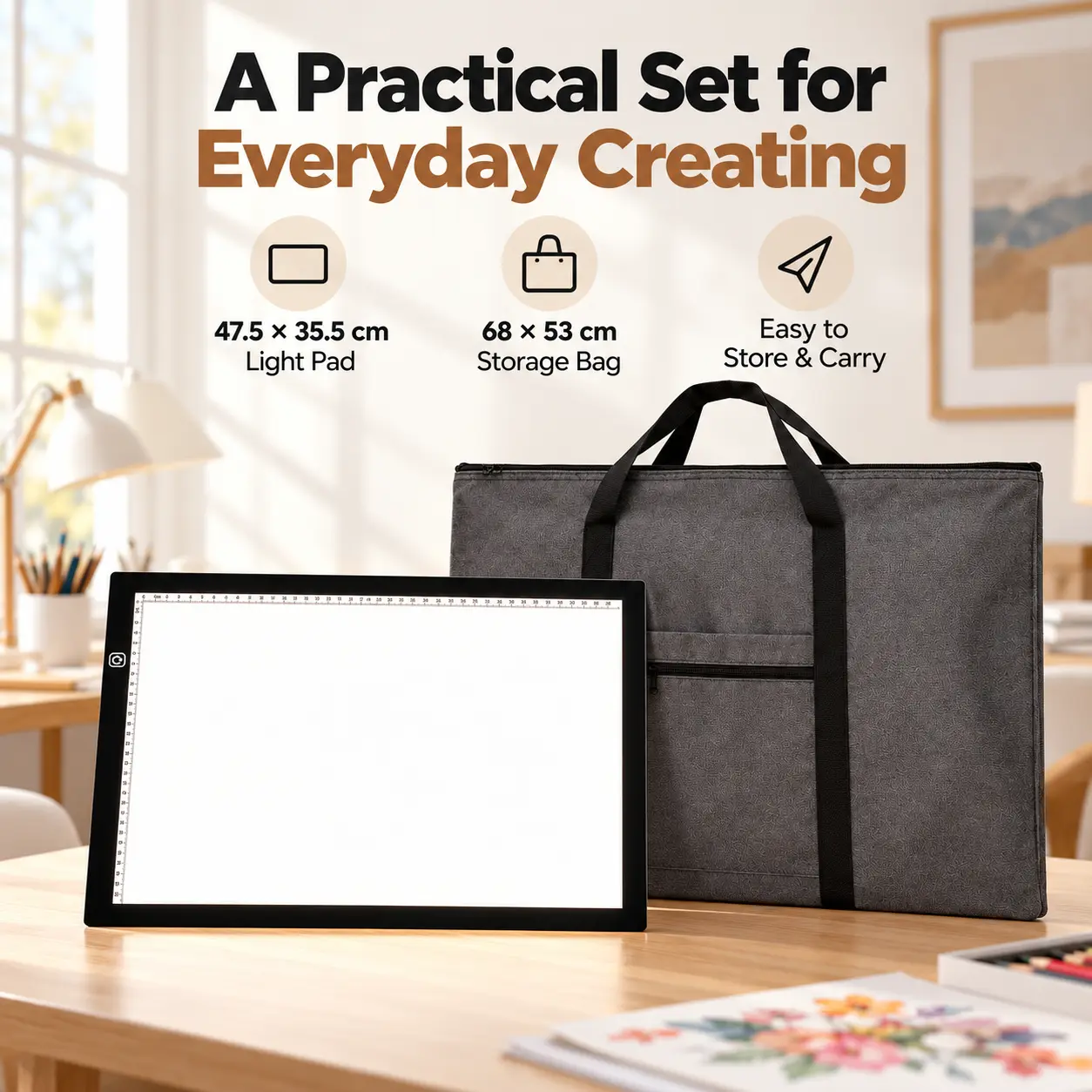 LED Light Board with Storage Bag, 47.5 x 35.5 cm Light Board USB Powered(Non-Recharable) Tracing Light Board with Adjustable Brightness, Portable Drawing Copy Board for Diamond Painting, Make diamond painting creation easier Light Pad 3-level dimming