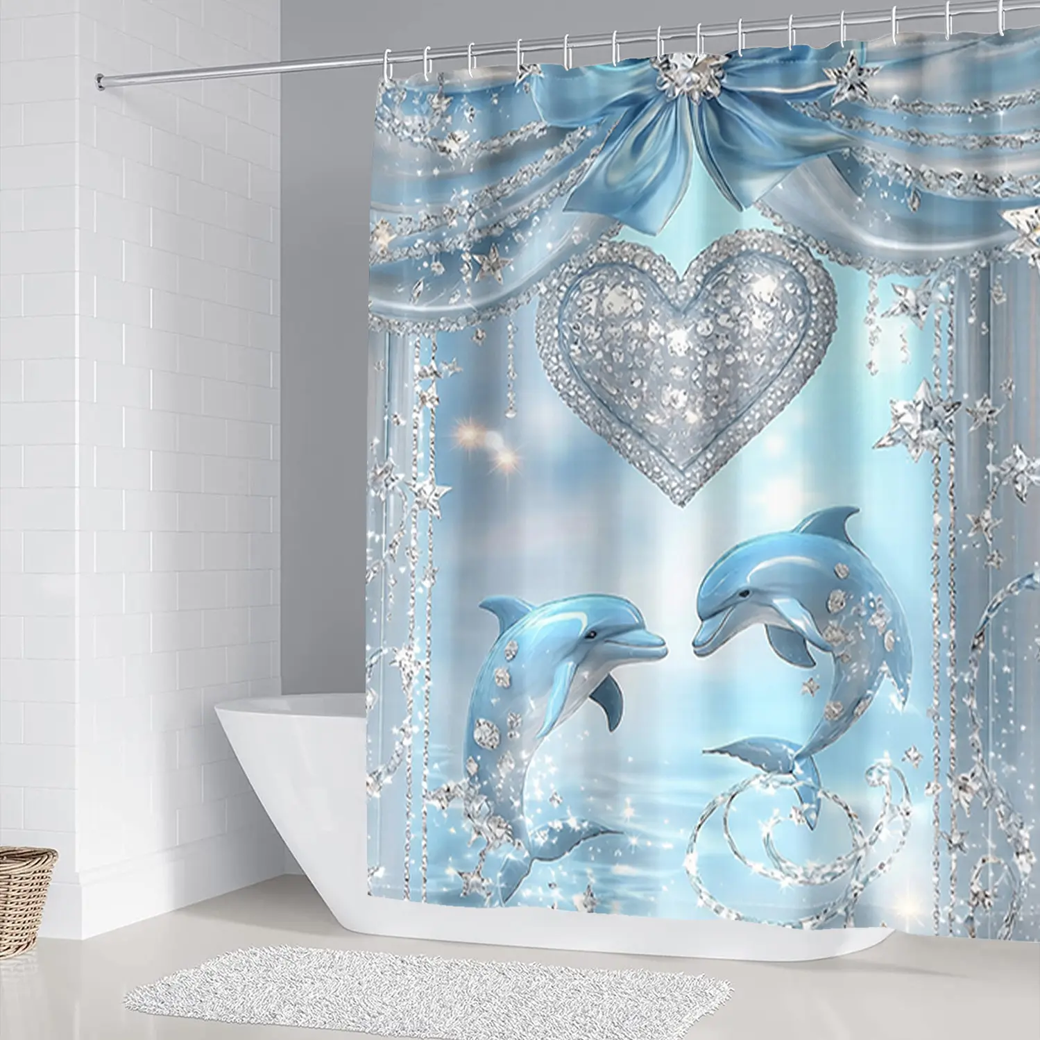 1/4 piece dolphin play design bathroom set, Bathroom Decoration Accessories, including floor mats, toilet seat cushions, shower curtains, for home decor, floor mats rebound well, absorb water, prevent slipping, ideal for gifts