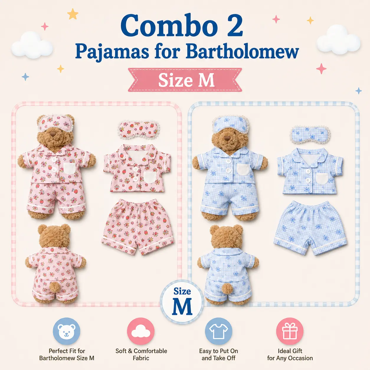 SET OF 2 PAJAMAS, Pajamas Set for Bartholomew jellycat with sleep mask for Medium-sized bear, pajamas & sleep mask, cute pajamas, ( Bear Not Included )