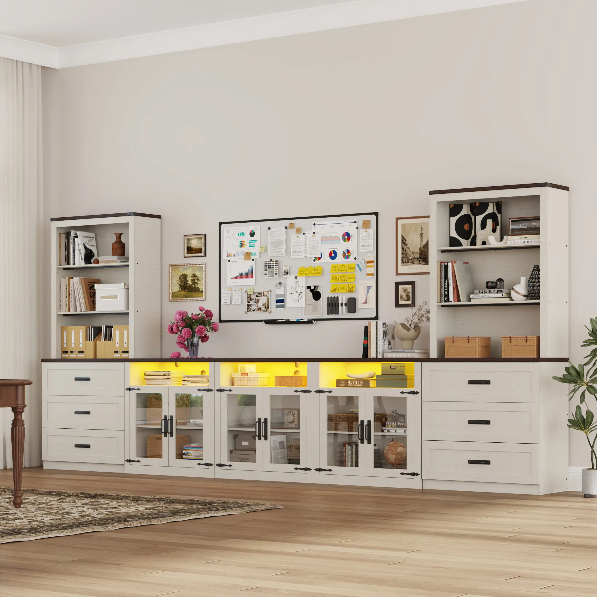 157.5"W Farmhouse TV Stand with Bookcases & Sliding Door, 100" TV-Fit Rustic Wood Entertainment Center with Storage Cabinets, Drawers, Open Shelves, Built-In LED Lighting & All Hardware Included for Living Room, Led Lights, Adjustable, Certifi, Certified