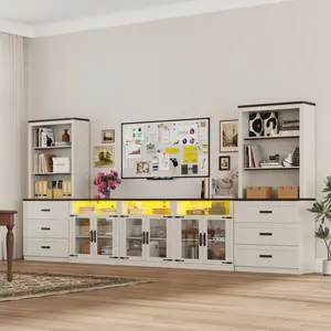 157" Farmhouse Entertainment Center with Bookcases for TVs up to 100" – Rustic Wood Wall Unit with Storage Cabinets, Drawers & Open Shelves – TV Console for Living Room or Bedroom