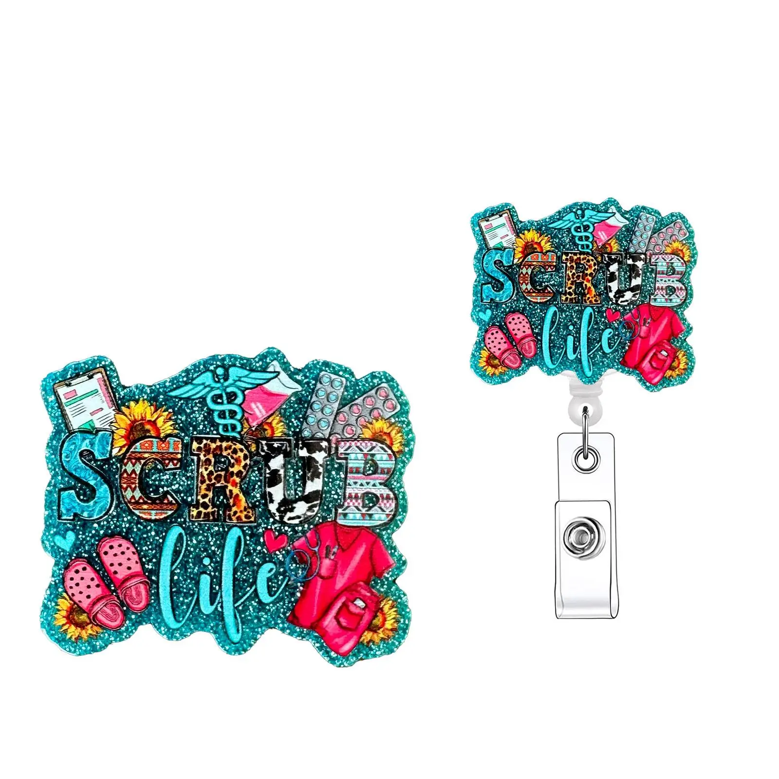 Letter Design Badge Holder without Card Sleeve, 1 Count Scrub Life Retractable Badge Reel with ID Clip, Acrylic Name Badge Holder for Nurse Doctor Stu