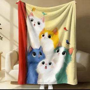 Happy Cat Illustration Printed Blanket, Illustrated Blanket, Super Soft Comfortable Warm Home Decor, Ideal Nap Blanket, Perfect Gift for Family and Friends