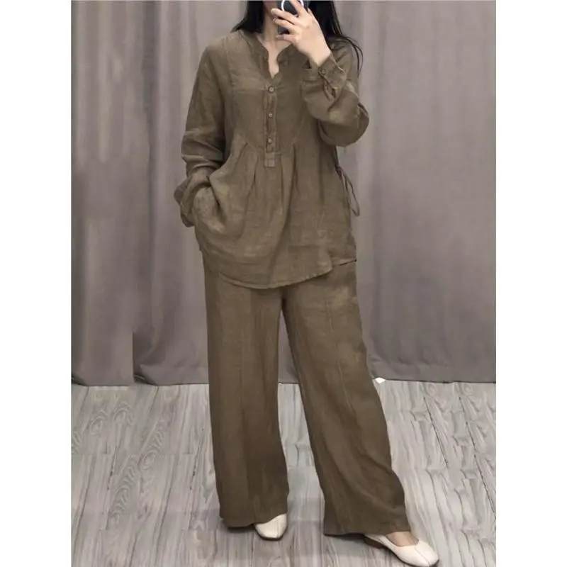 Women's 2026 2-Piece Cotton Suit - Long-Sleeve Top, Loose Wide-Leg Trousers - Work Office Wear, Casual Autumn Womenswear Set