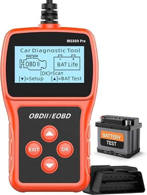 MS309 Pro Vehicle Diagnostic Scanner - OBD2 Code Reader with Battery Tester, CAN Engine Fault Tool for 1996+ OBD II Protocol Cars, Real-Time Data, Plug & Play, Multilingual Orange Device