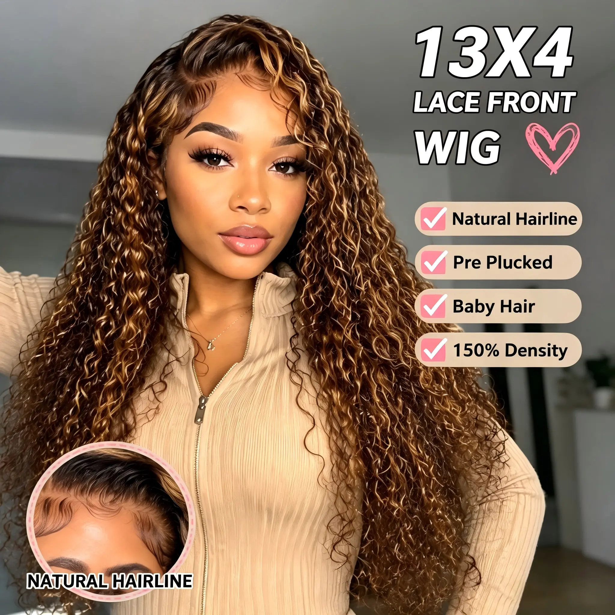 Women's 13x4 Piano Color Highlight Synthetic Lace Front Wig - Tiny Kinky Curly, Pre-Plucked Natural Baby Hair, 150% Density Heat-Resistant Fiber Hair Replacement