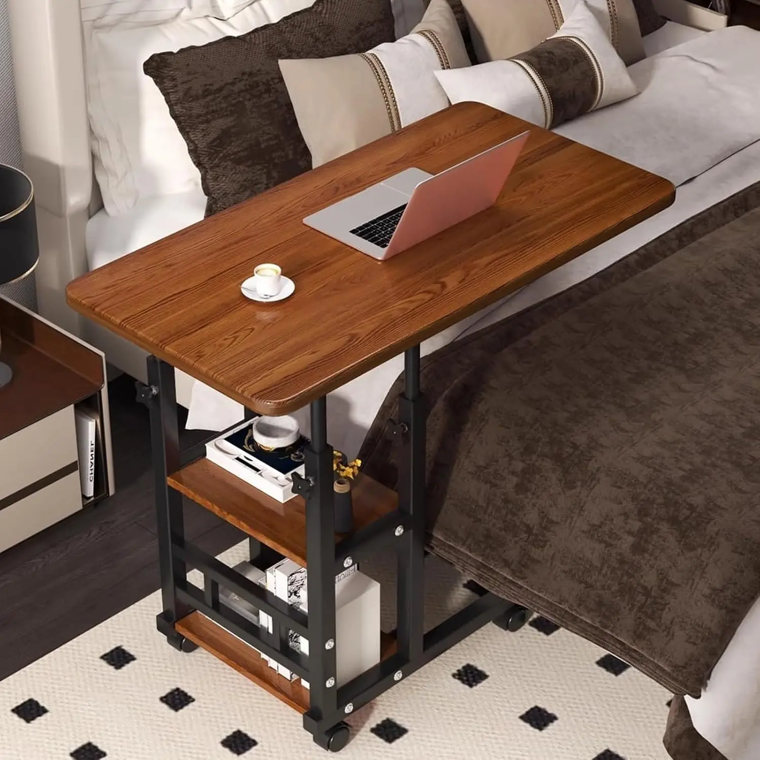 C-Shaped Overbed Bedside Table Mobile Standing Stand Up Rolling Laptop Desks Heavy Duty Steel Frame Side Table Height Adjustable Modern Multi-Layer Over Bed Table