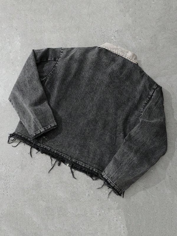 Dark Denim Jacket with Diamonds and 'la' Logo, Vintage Corduroy Collar and Frayed Design, Stylish Zippered Fit for Casual Outings