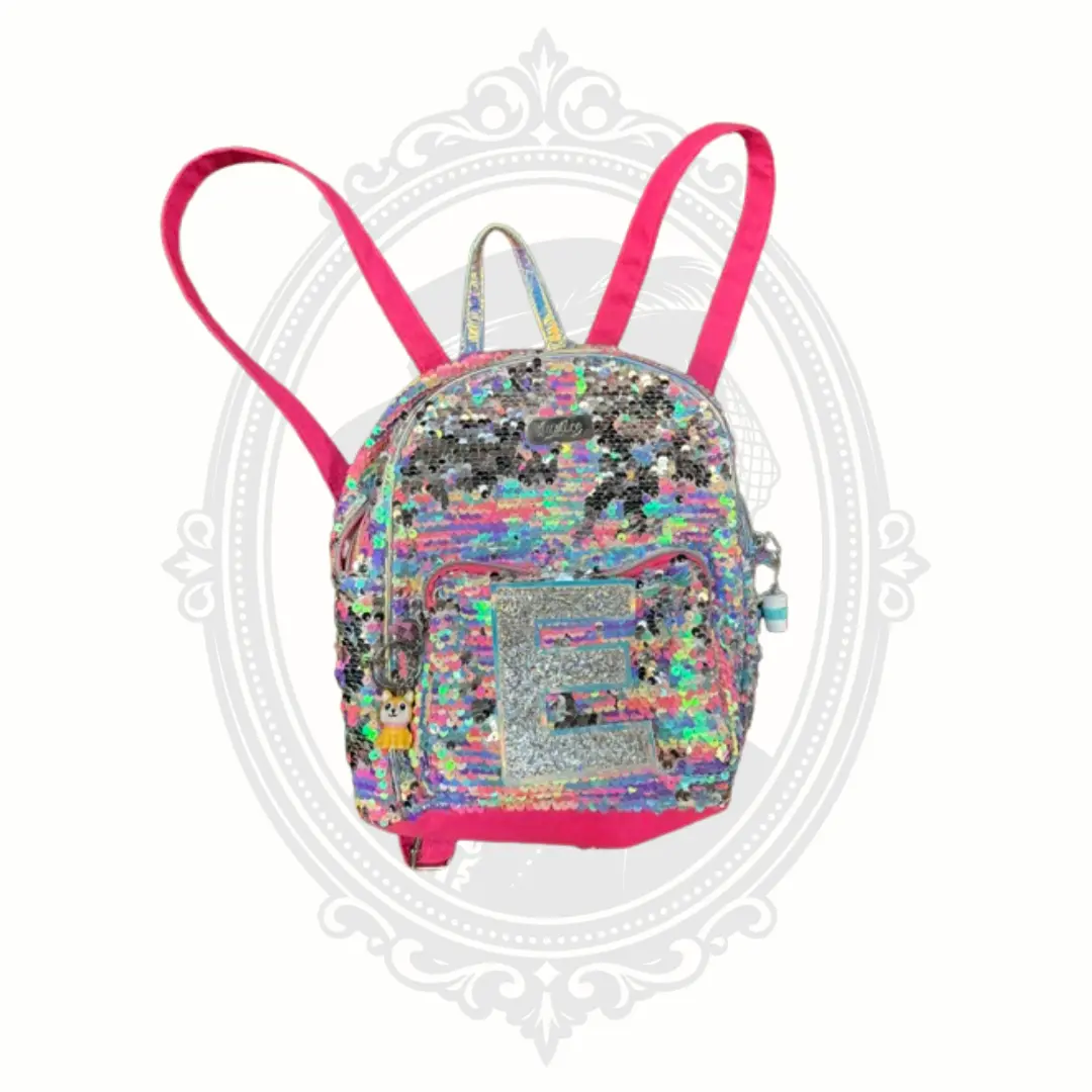 Justice Character-Themed Glitter Mini Backpack, Reversible Sequin Design, Synthetic Material, Glitter Letter E & BFF Charms, Clean Interior, Front Zip Pocket