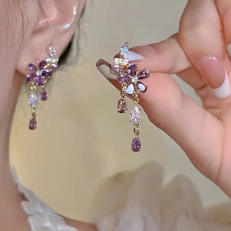 Purple Flower Zircon Tassel DDES0190 Earrings for Women 14 K Gold-Plated